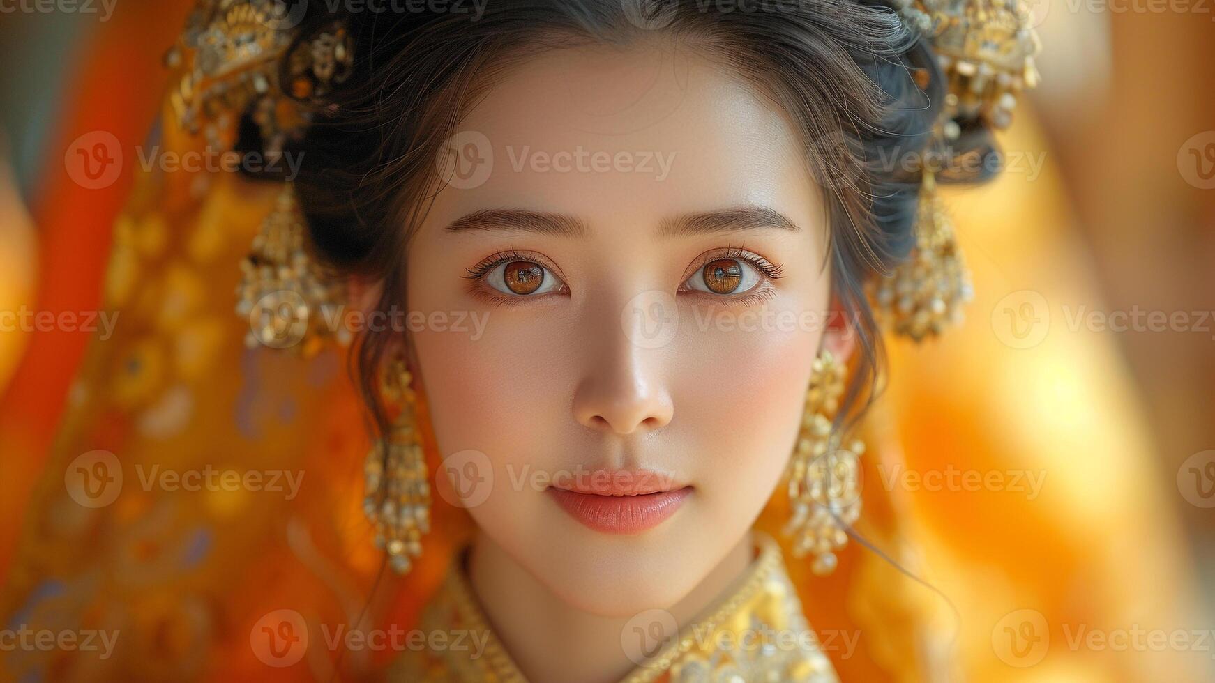 AI generated Elegant Fusion Asian Woman in Opulent Traditional Attire photo