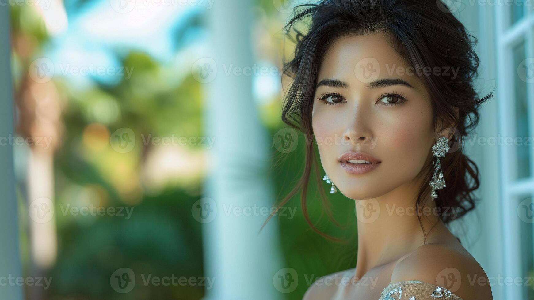 AI generated Asian Woman in Elegant Evening Gown at Luxurious Mansion photo