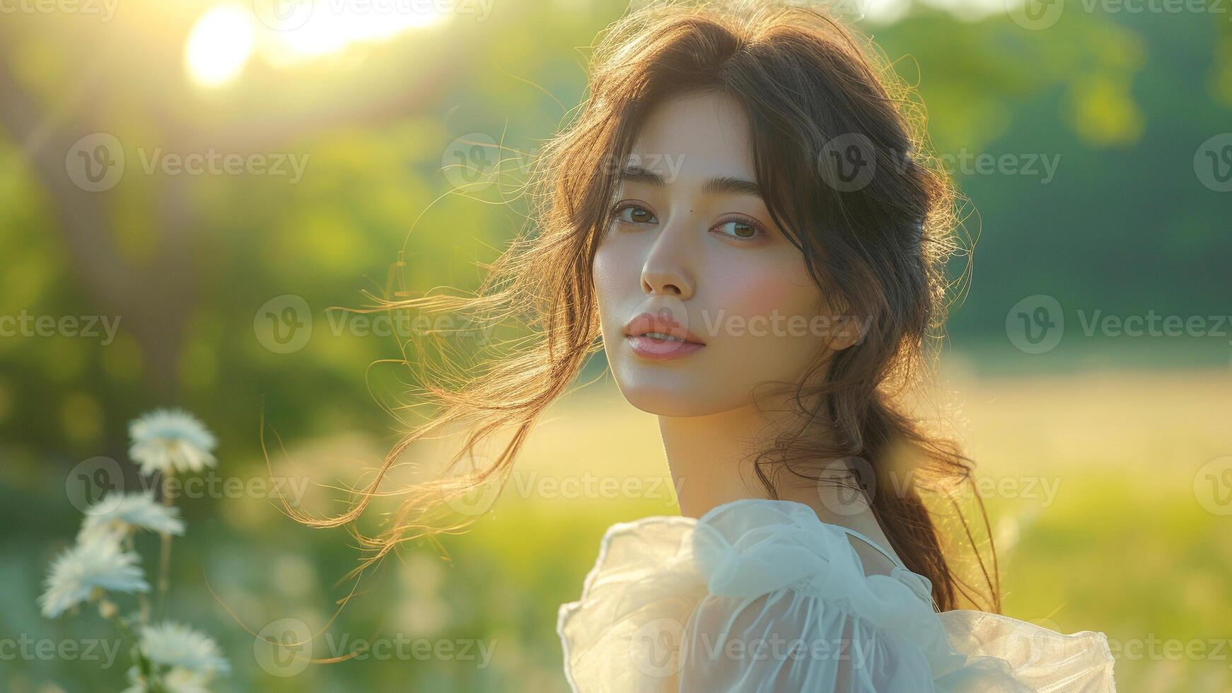 AI generated Enchanting Asian Woman in Silk and Chiffon Twirling in Sunlit Forest photo