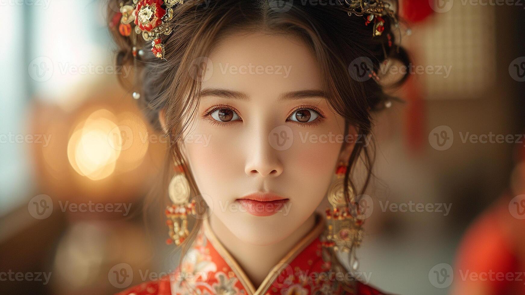 AI generated Elegant Fusion Asian Woman in Opulent Traditional Attire photo