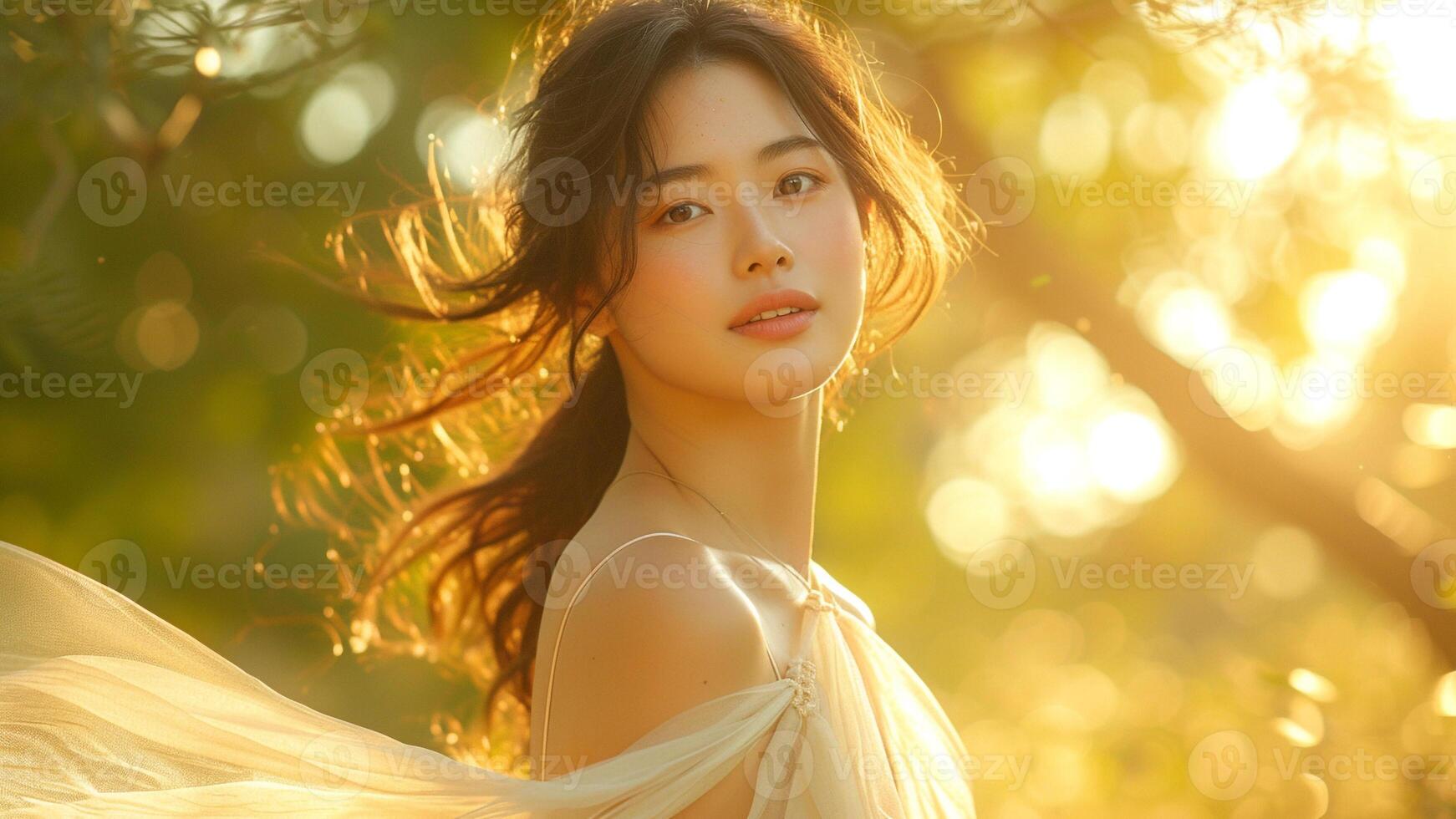 AI generated Enchanting Asian Woman in Silk and Chiffon Twirling in Sunlit Forest photo