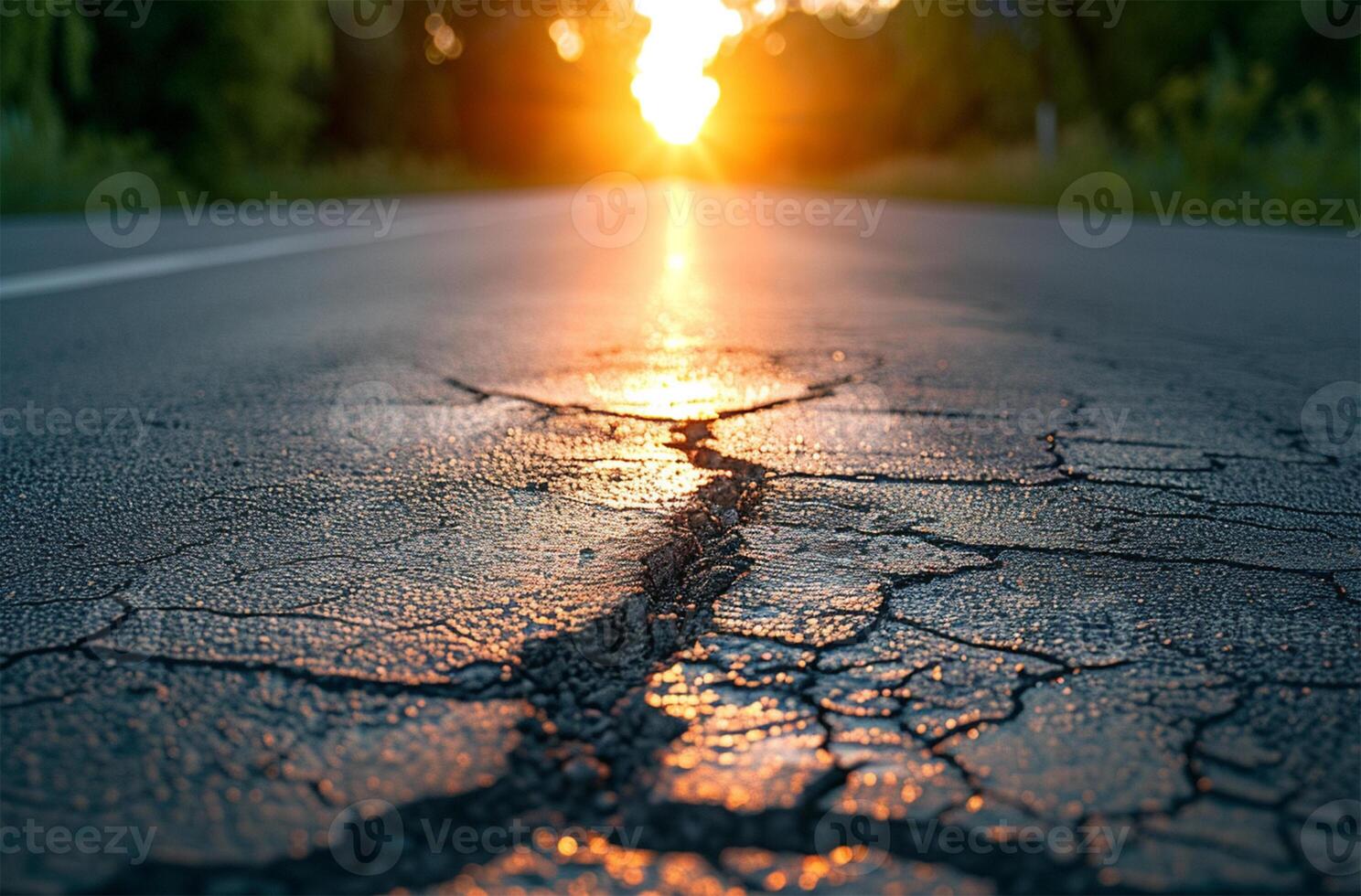 AI generated Asphalt road with cracks and sunset in the background. Shallow depth of field photo