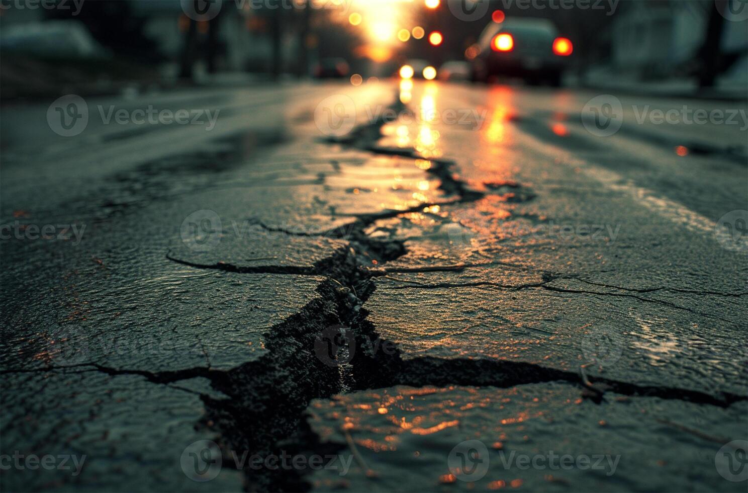 AI generated Asphalt road with cracks and sunset in the background. Shallow depth of field photo