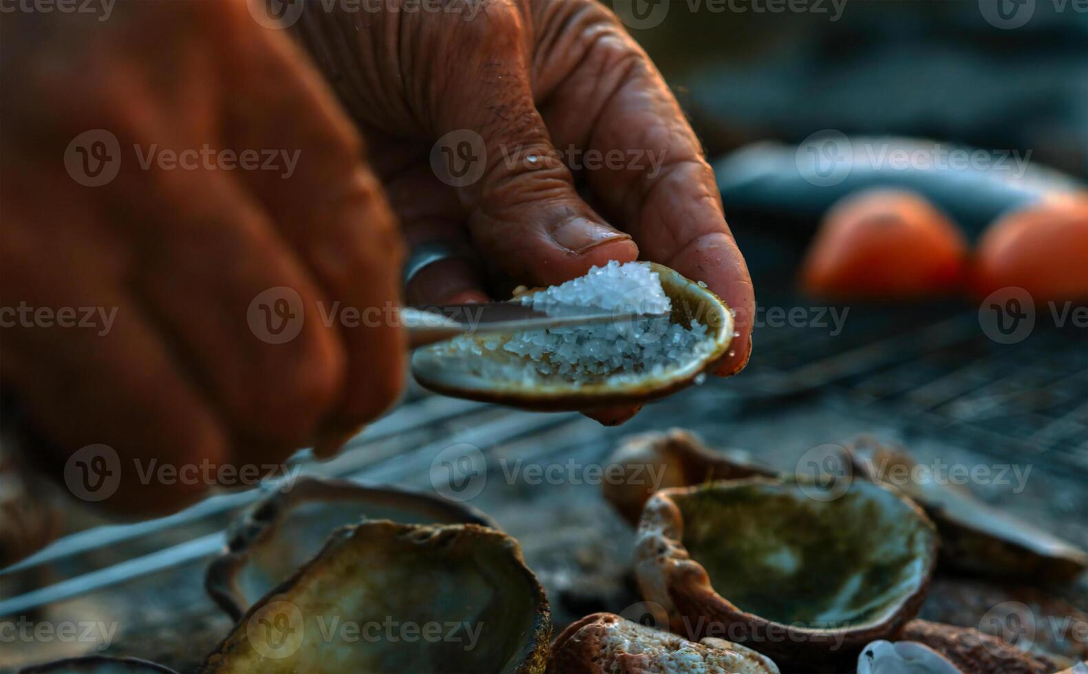 Fresh oyster with dried onion and chili pepper served in shell on rock salt close up photo