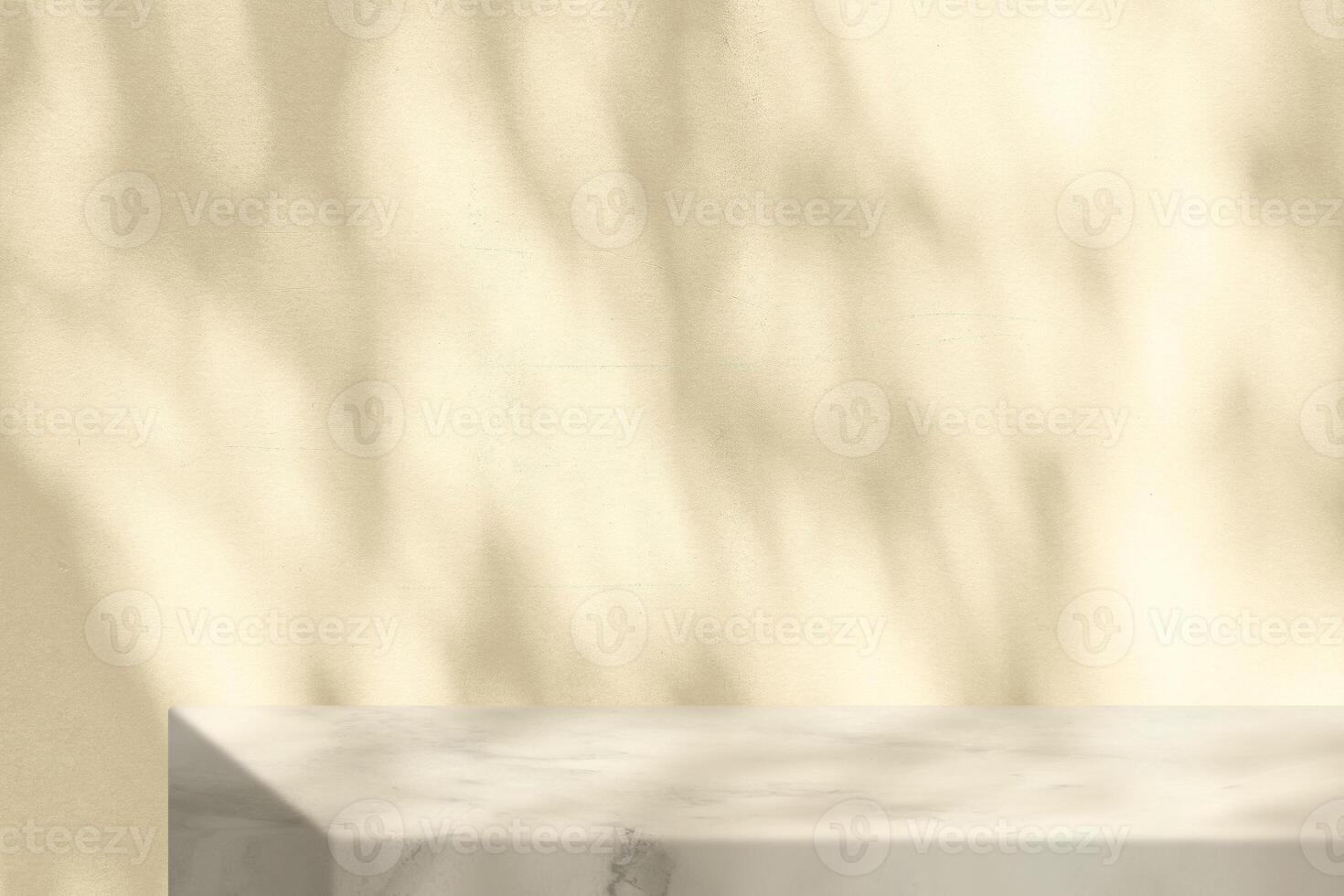Marble Table with Beige Stucco Wall Texture Background with Light Beam, Bokeh and Shadow photo