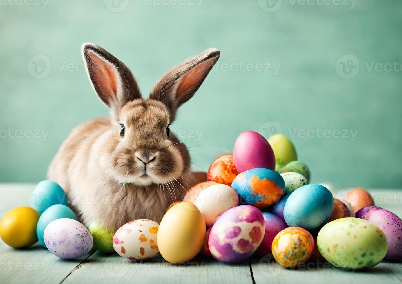 AI generated Easter Bunny Surrounded by Colorful Eggs, Green Background photo