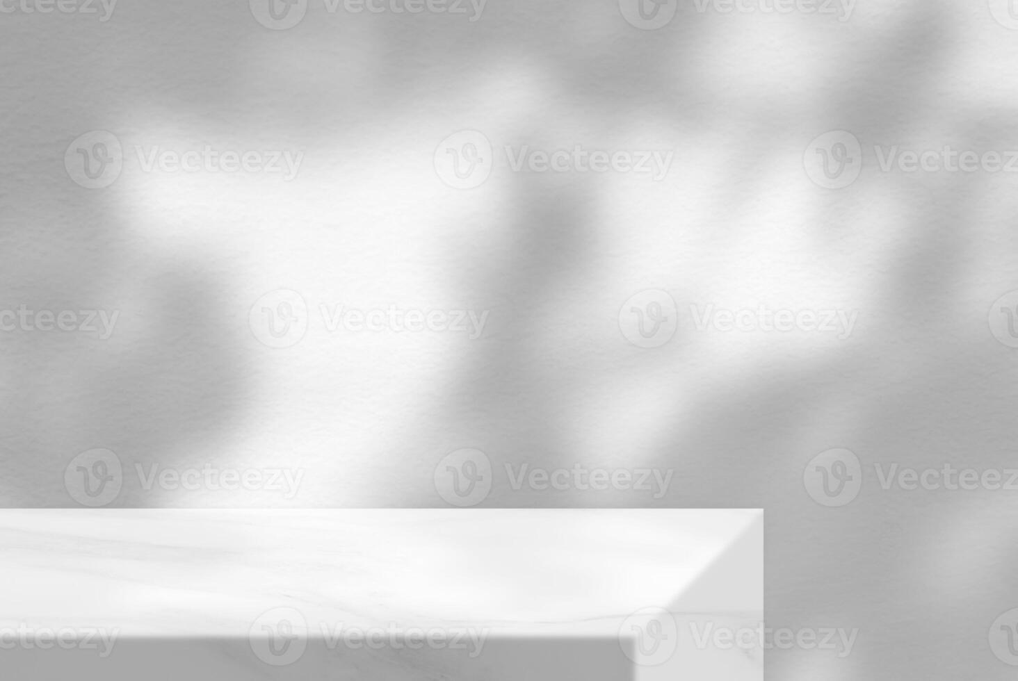 Marble Table with White Stucco Wall Texture Background with Light Beam and Shadow photo