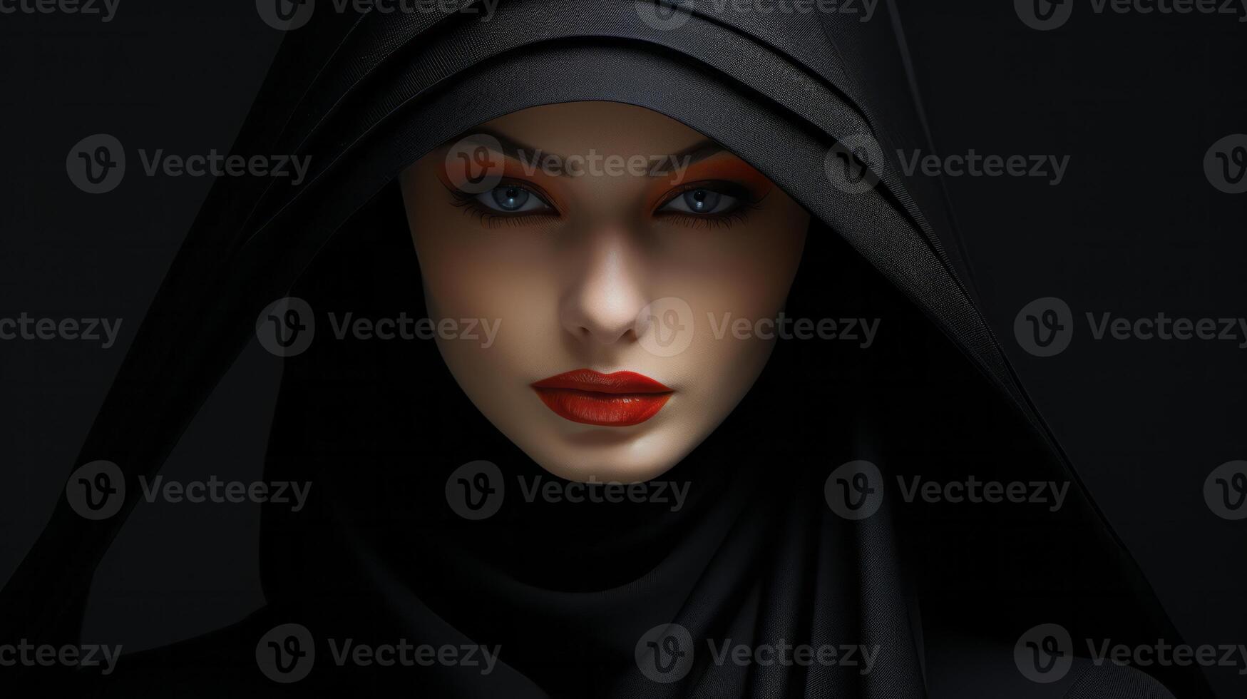 Portrait of a young beautiful woman with red lips in a black hood photo