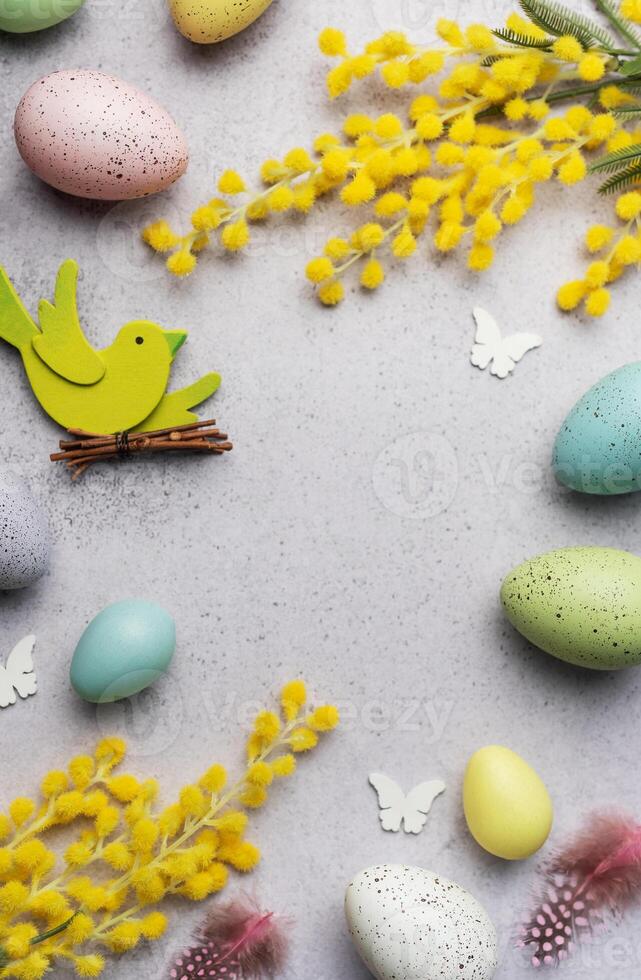 Colorful Easter Eggs and Yellow Mimosa Flowers Arranged on a Soft Background photo