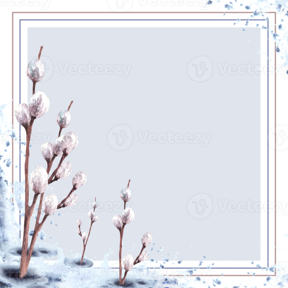 Watercolor flowering branches Pussy willow trees on watercolor stains background card template. Hand drawn melting snow landscape Illustration for Catholic or Orthodox Easter, Palm Sunday png