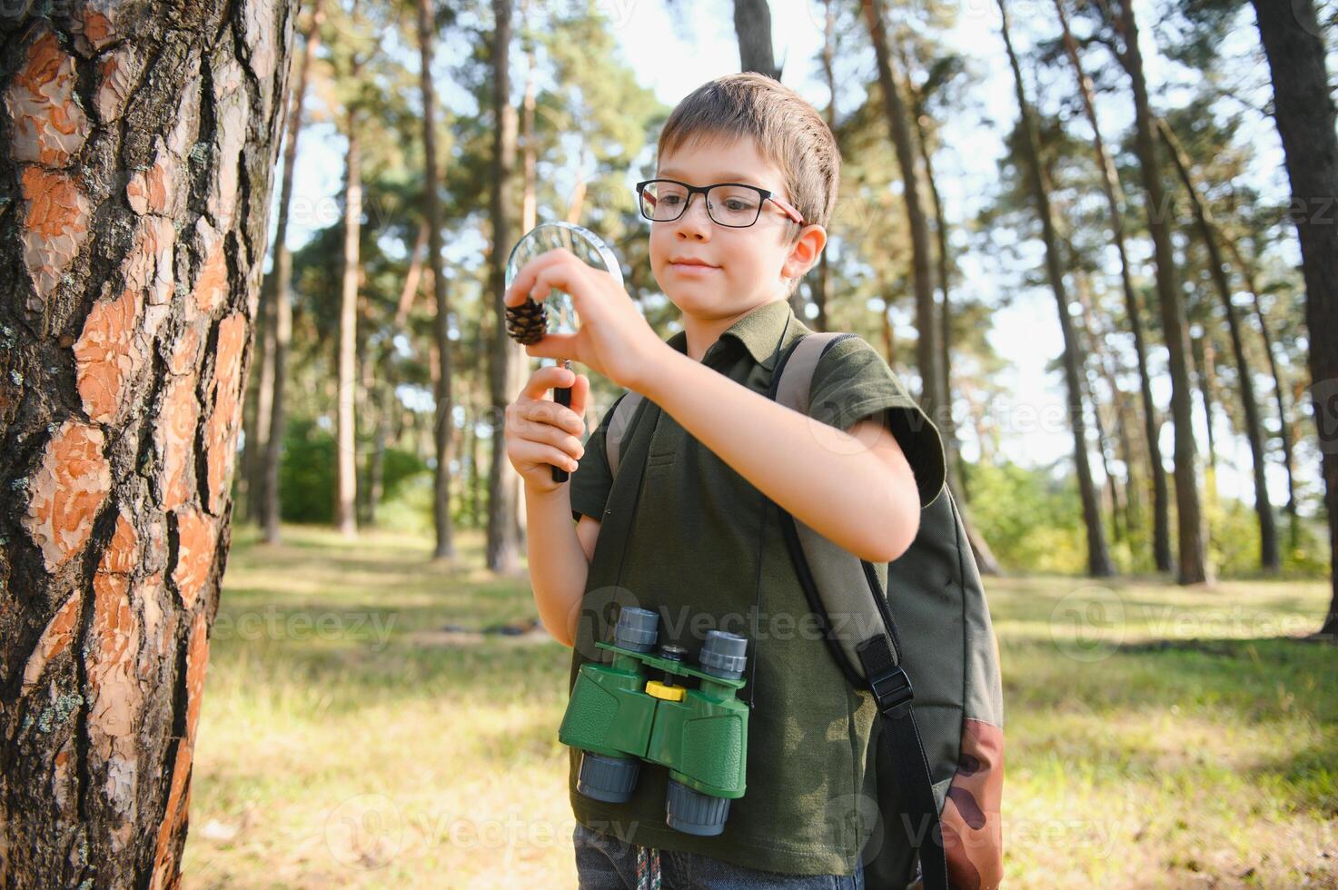 schoolboy is exploring nature with magnifying glass. Summer vacation for inquisitive kids in forest. Hiking. Boy-scout. photo