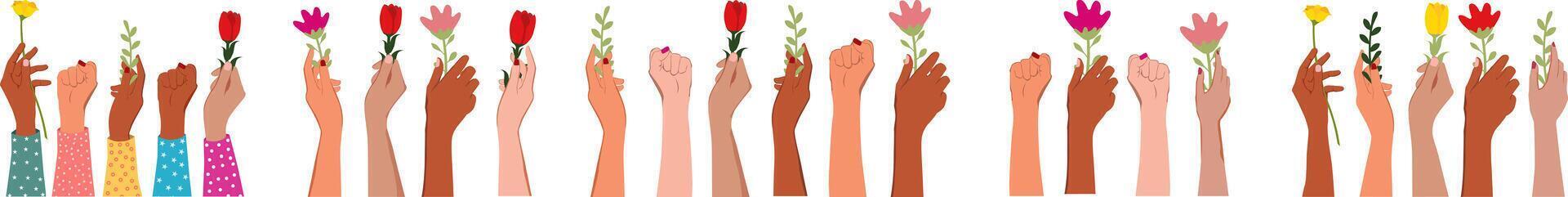 Hands of women of different nationalities holding flowers for a happy women's day vector