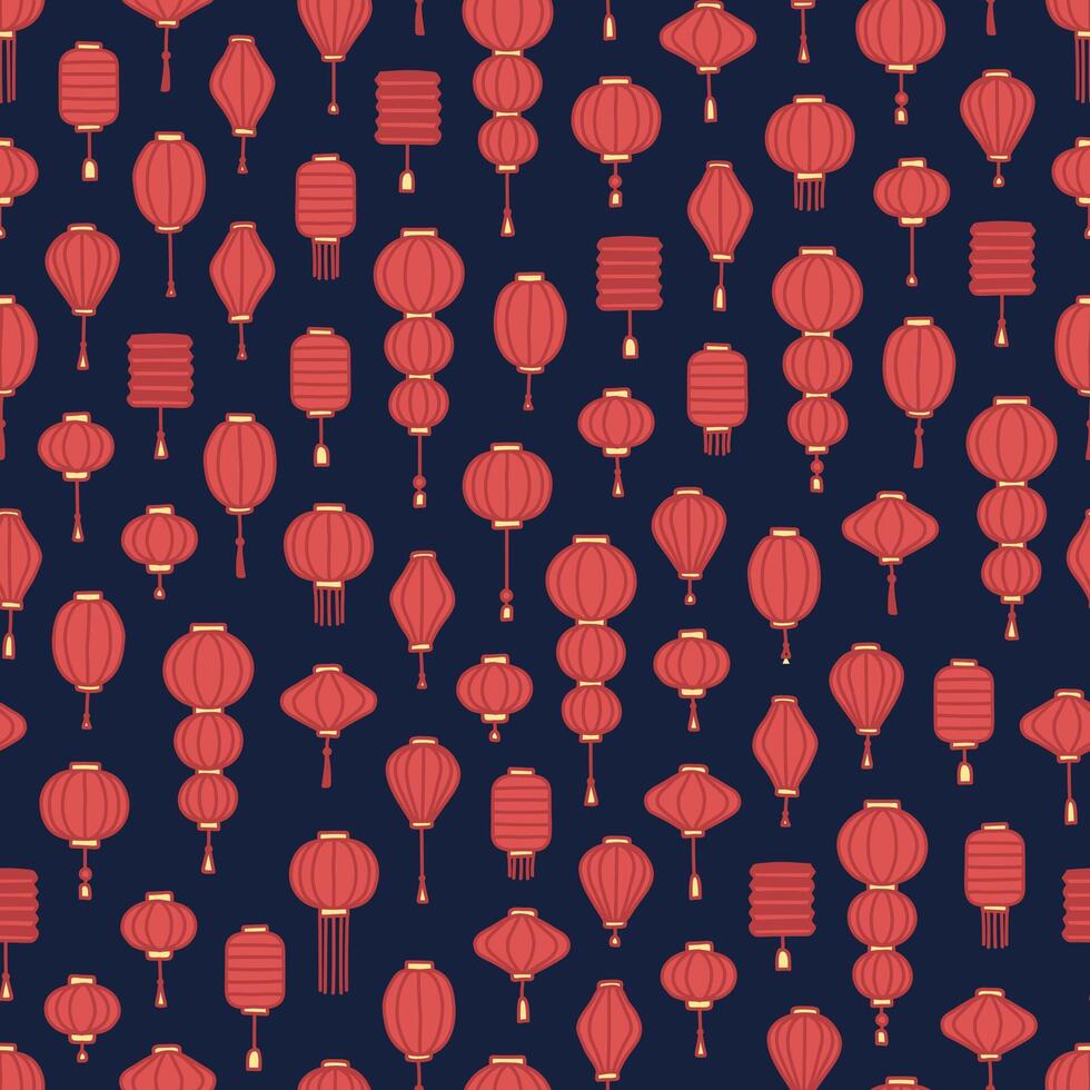 Hand drawn red Chinese lantern seamless pattern on dark blue background vector