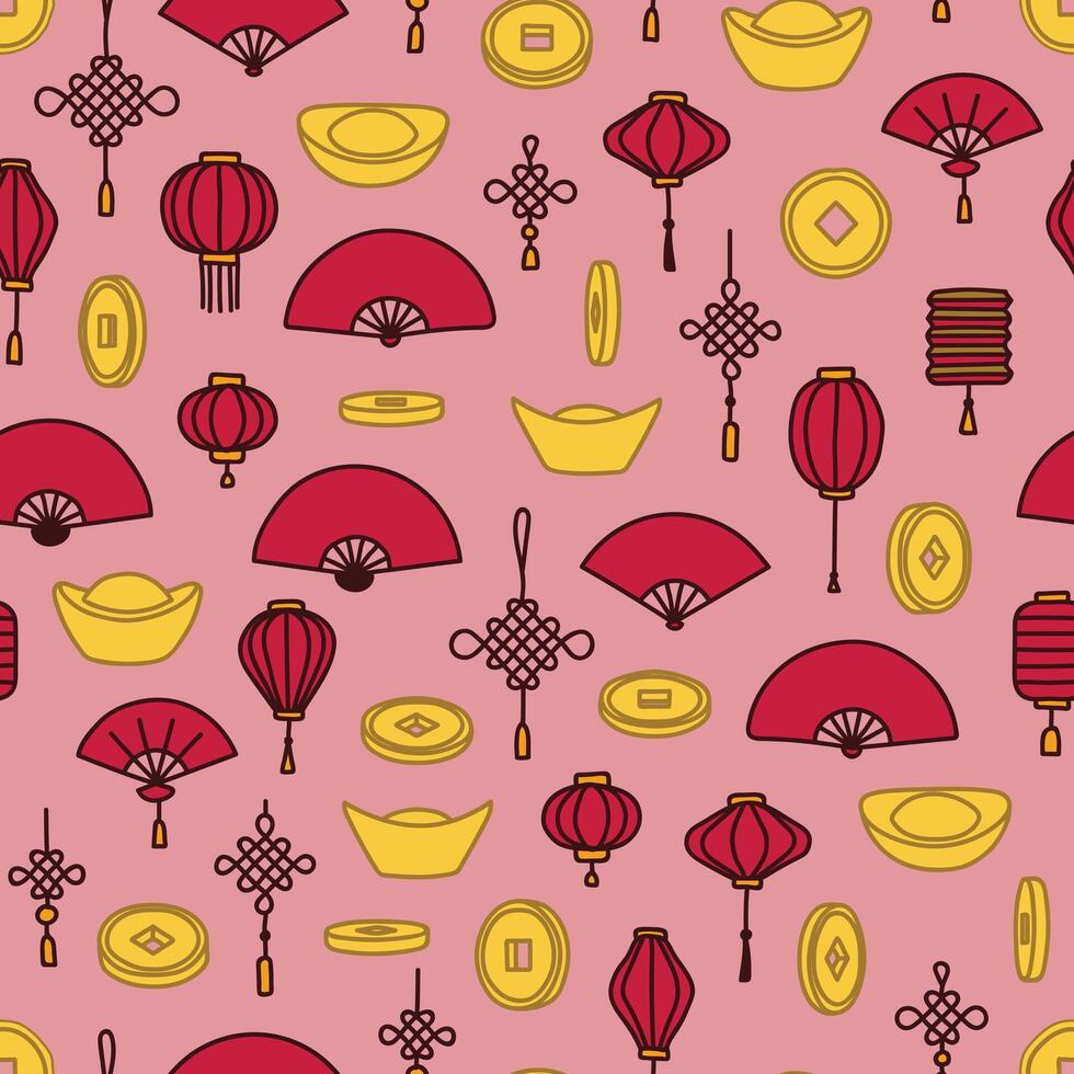 Chinese new year seamless pattern of red and gold things vector