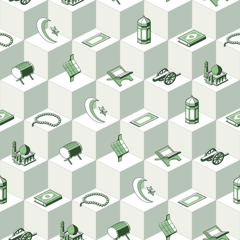 Seamless pattern of green ramadan icons on isometric background vector