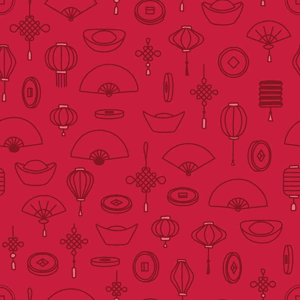 Subtle red on red seamless pattern of Lunar new year related things vector