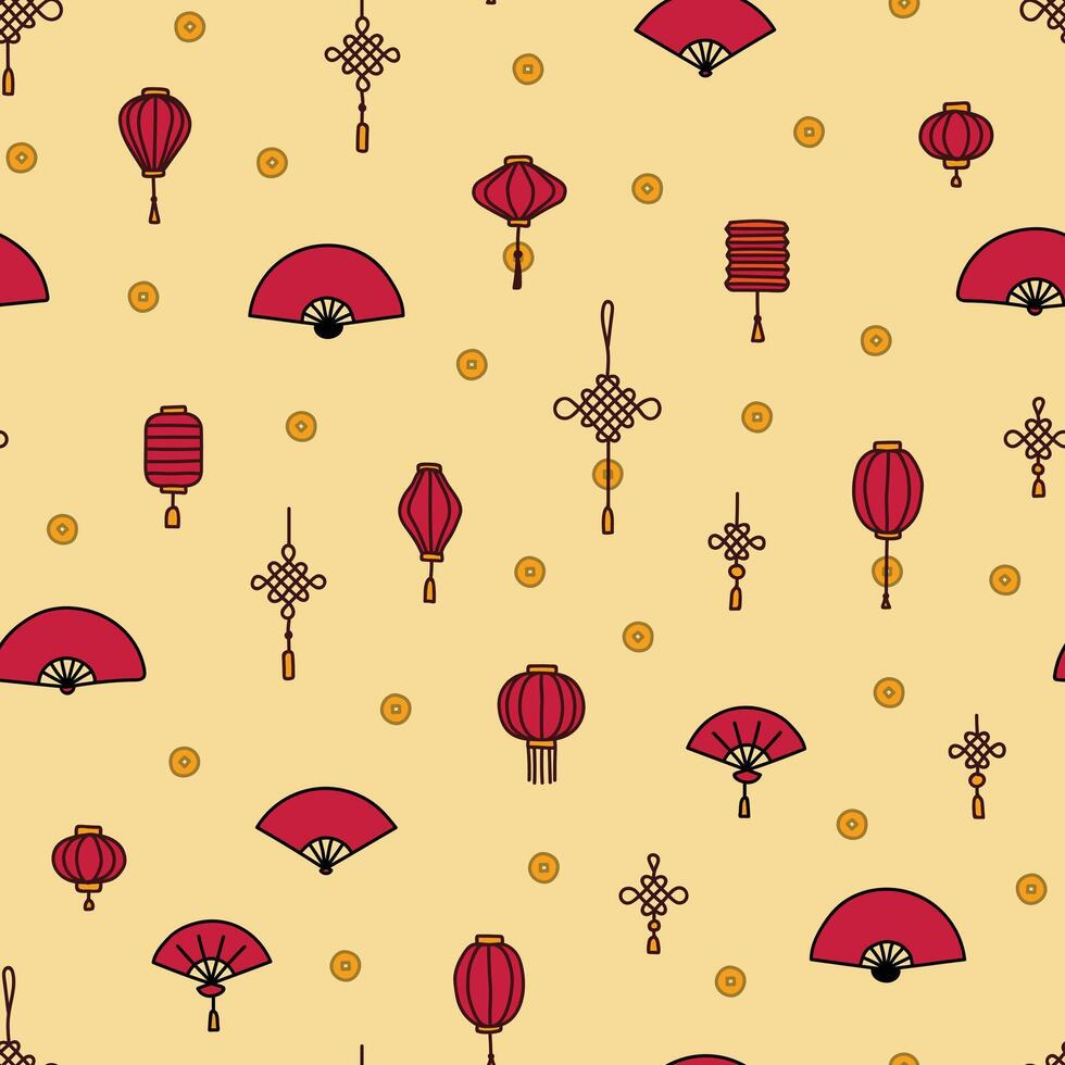 Lunar new year seamless pattern of Chinese fans, lanterns, and knots vector