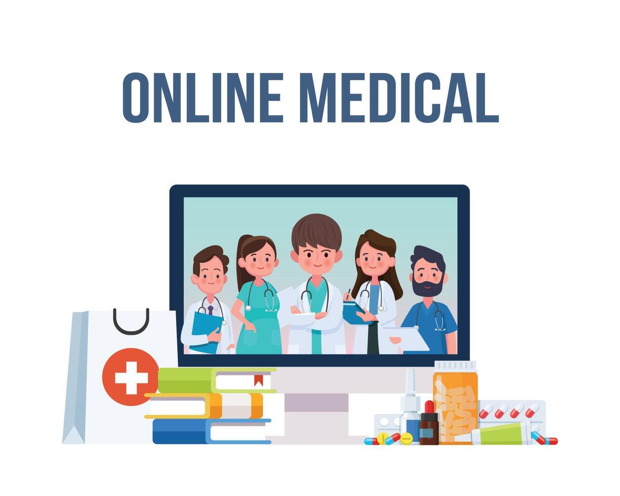 Online medical with team of doctors and nurses. vector