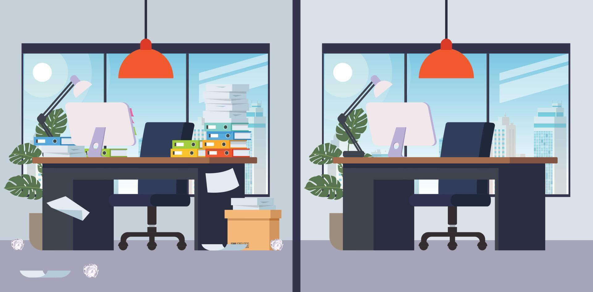 Office working place and mess around before and after cleaning. Vector illustration. Isolated objects.