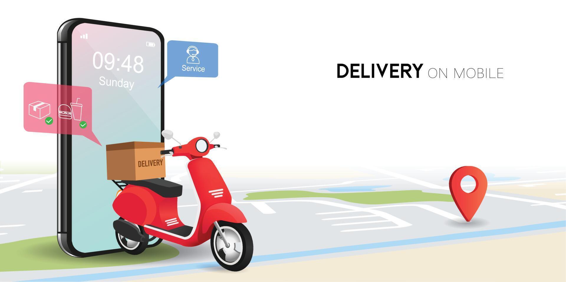 Fast delivery by scooter on mobile. E-commerce concept. Online food order infographic. Webpage, app design. Perspective vector