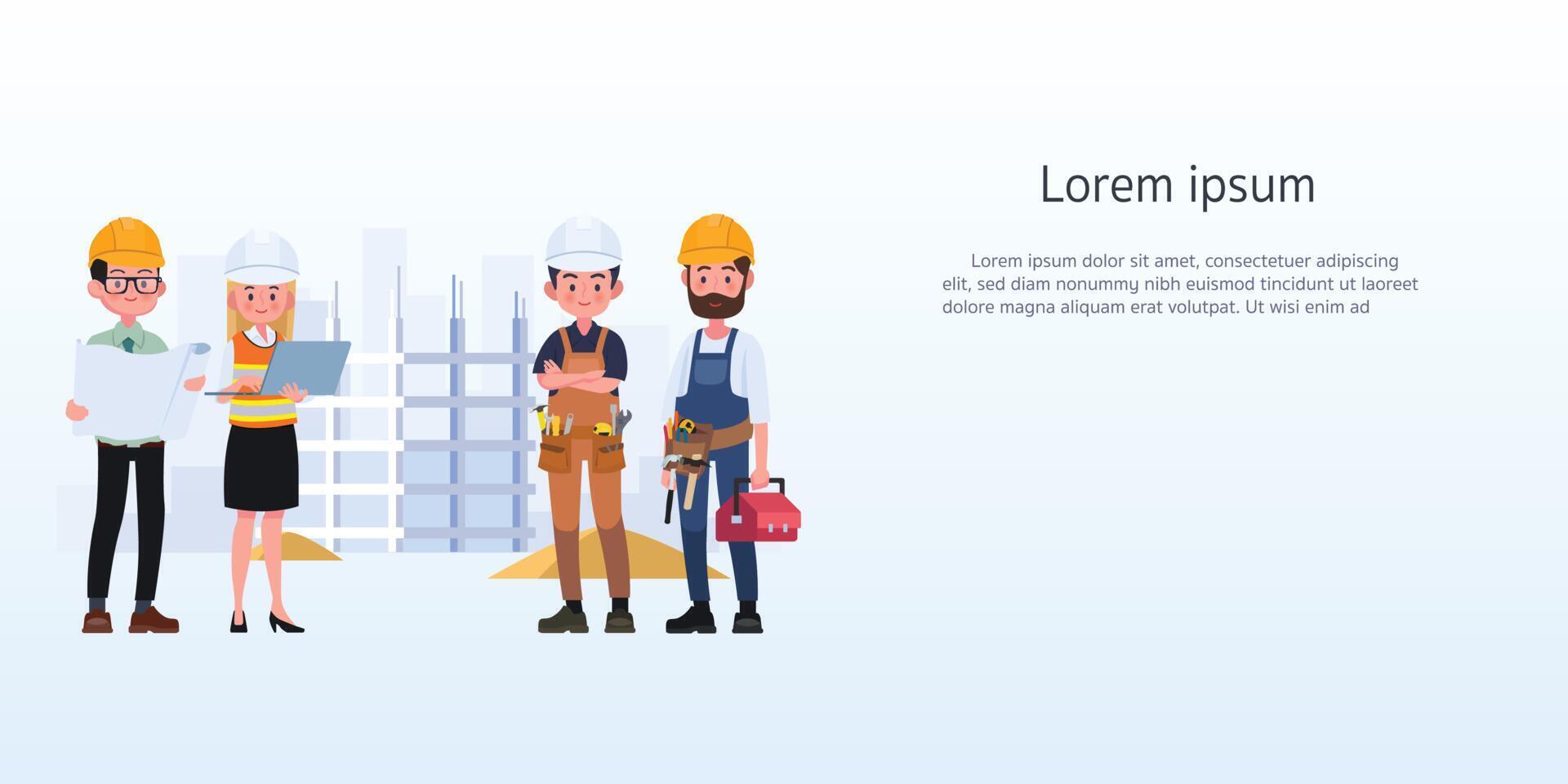 Engineers cartoon set with civil engineering construction workers architect and surveyor isolated vector illustration