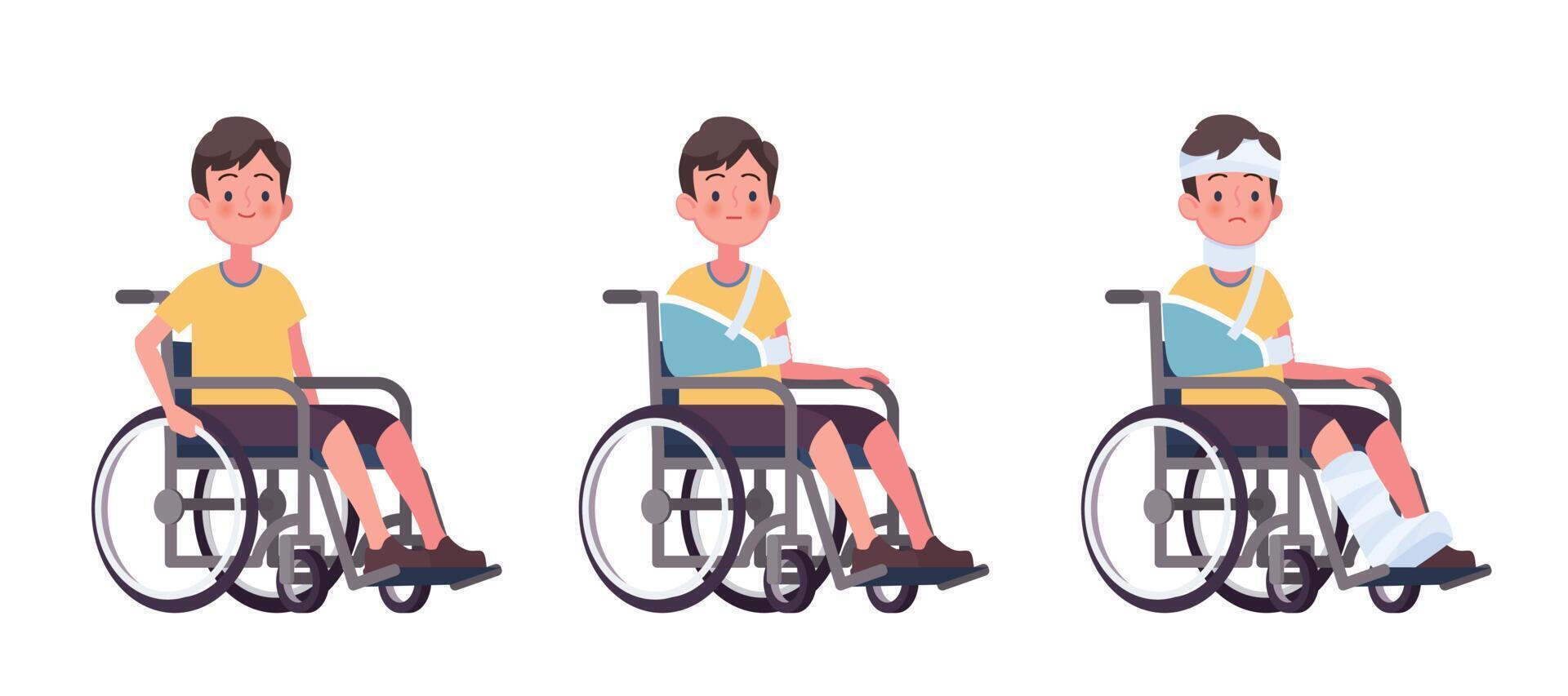 Young man in wheelchairs set, cartoon vector illustration. Injury and disability concept, rehabilitation from accident.