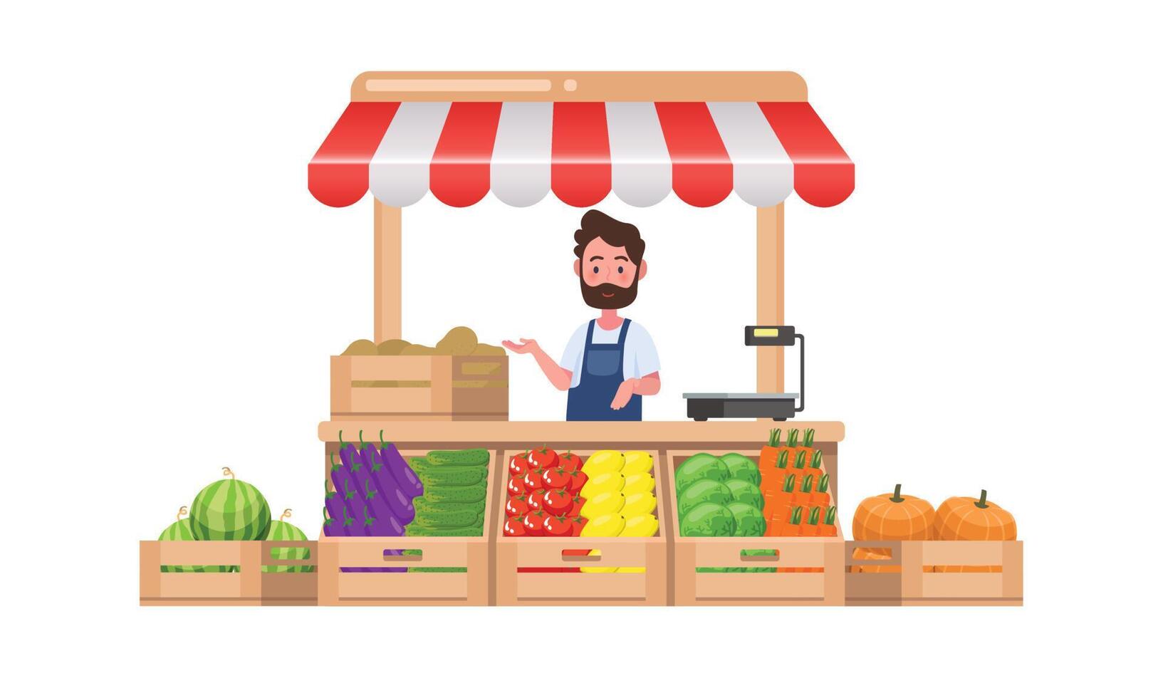 Farm shop. Local stall market. Selling vegetables. Flat vector illustration. Isolated on white background.