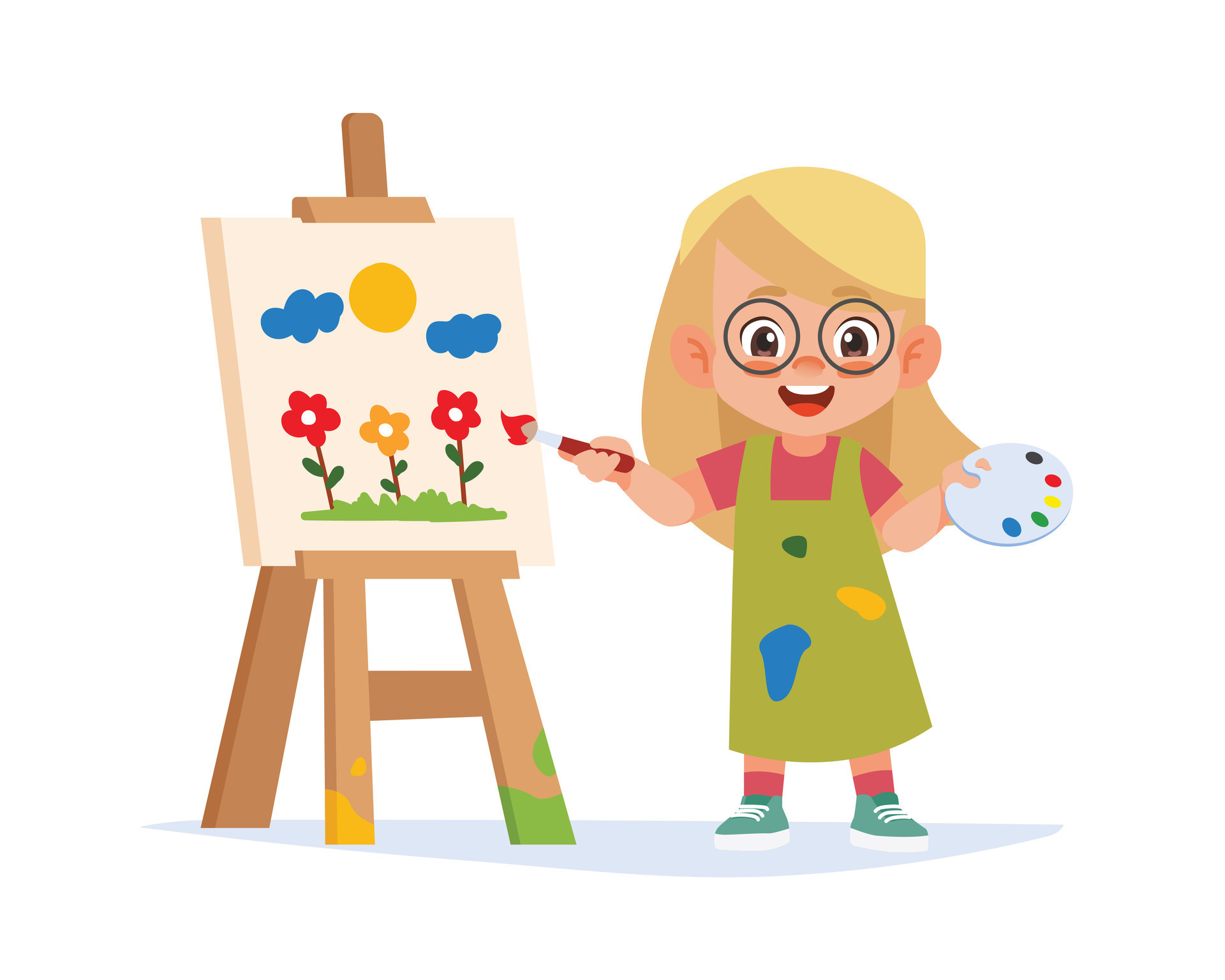 Cute little girl artist holding color palette and paintbrush painting ...