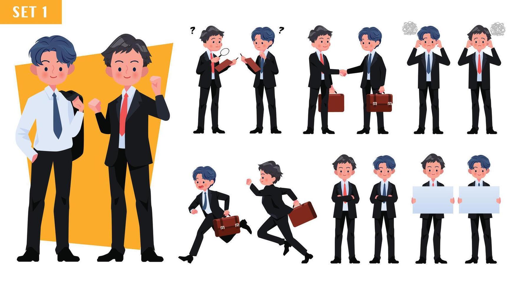Vector set of two businessman characters gestures and actions Professional office workers stand, run, work, jump, search, etc.