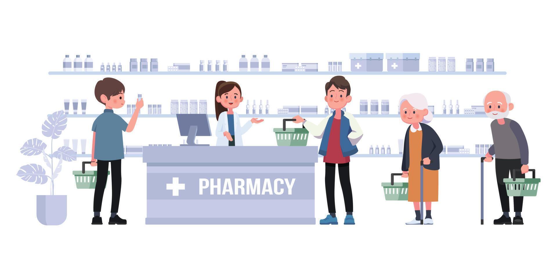 farmacia con farmacéutico y cliente en mostrador. ilustración de vector de diseño de personaje de dibujos animados de farmacia