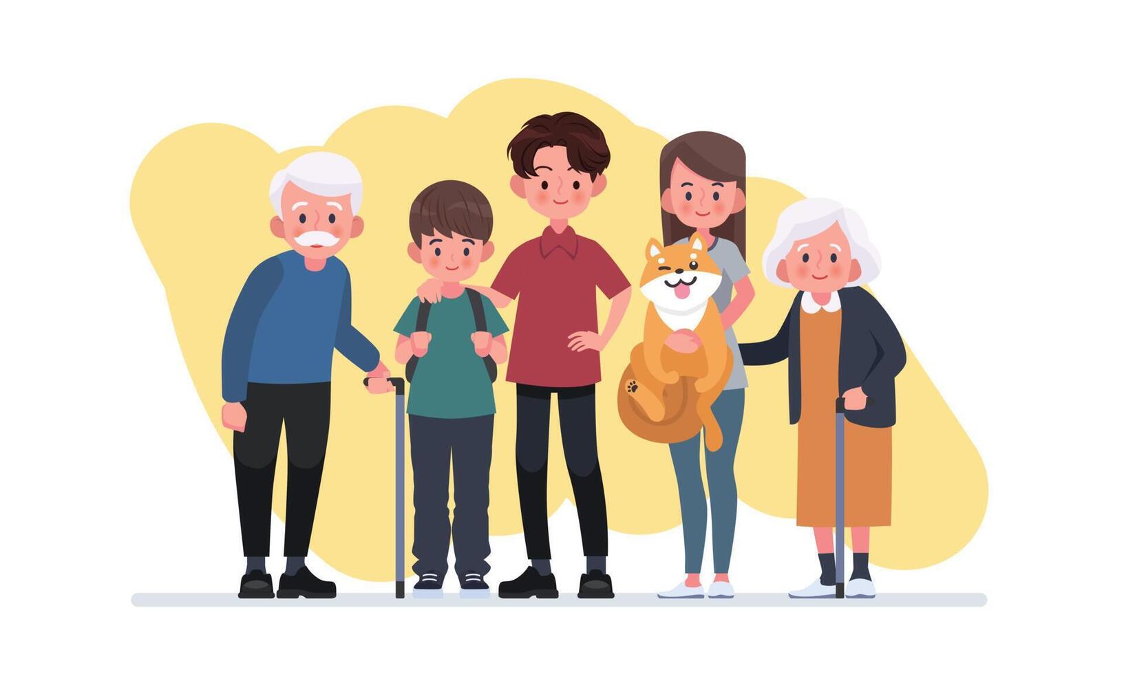 Happy big family standing together flat vector illustration.