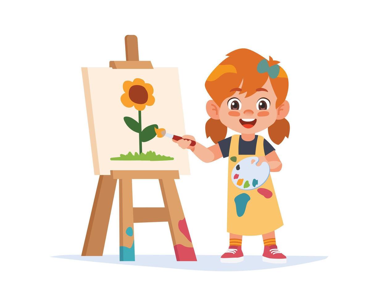 linda niña artista sosteniendo una paleta de colores y pintando con pincel en el lienzo vector