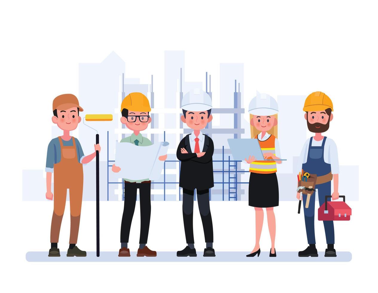 grupo de personas técnicas, trabajador de ingeniería y construcción. ingenieros industriales trabajadores, constructores personajes aislados dibujos animados vector ilustración