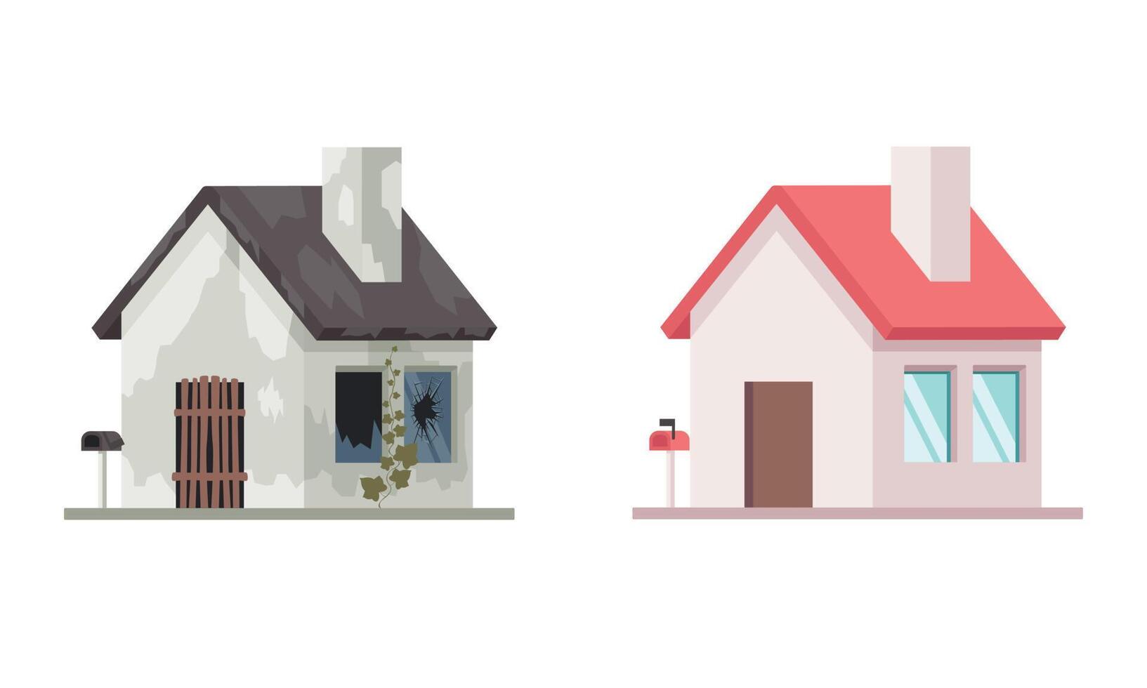 House before and after repair. flat vector illustration isolated on white background
