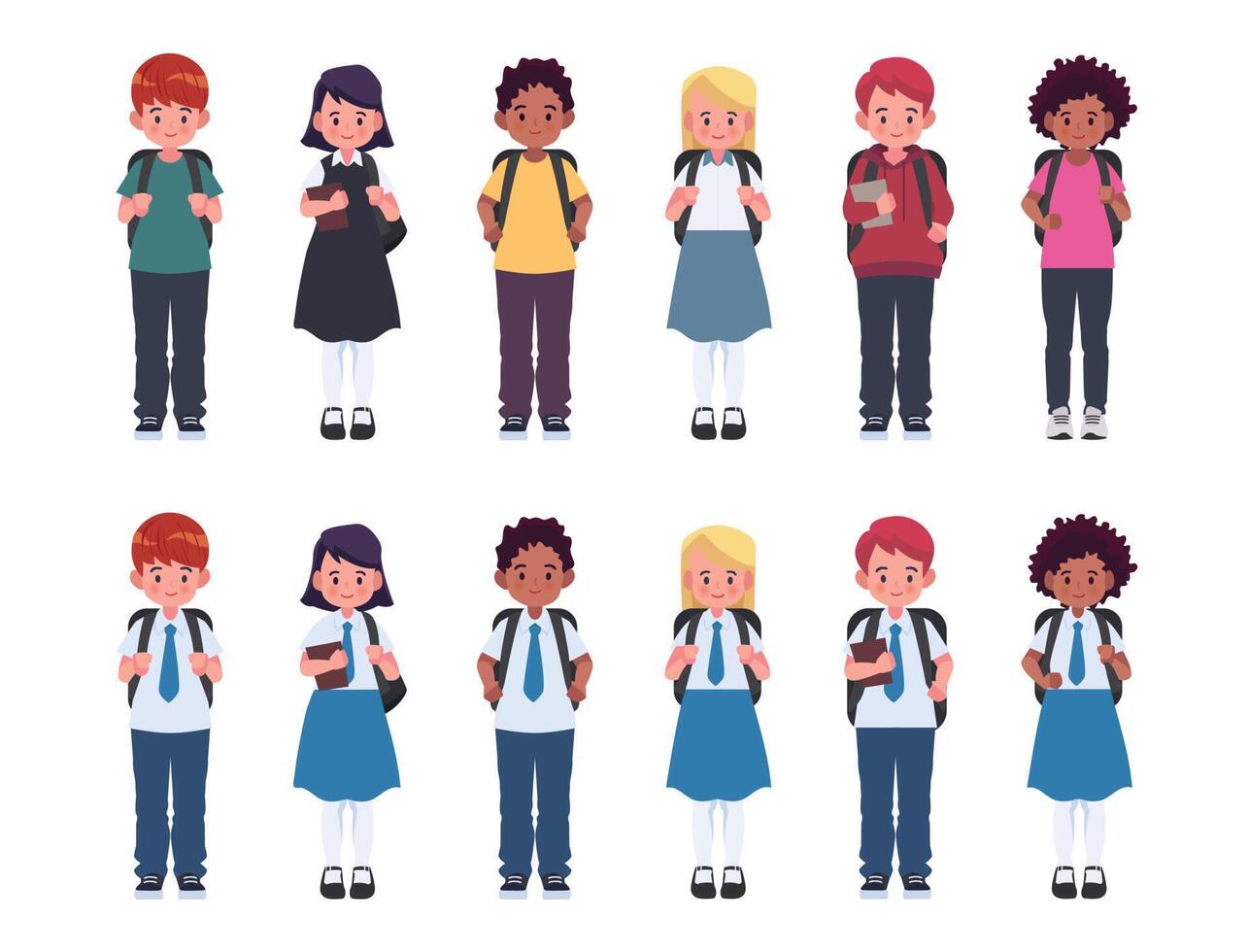 Diverse set of children with backpacks in school uniform and casual clothes. Cute cartoon simple flat vector style. Back to school illustration.