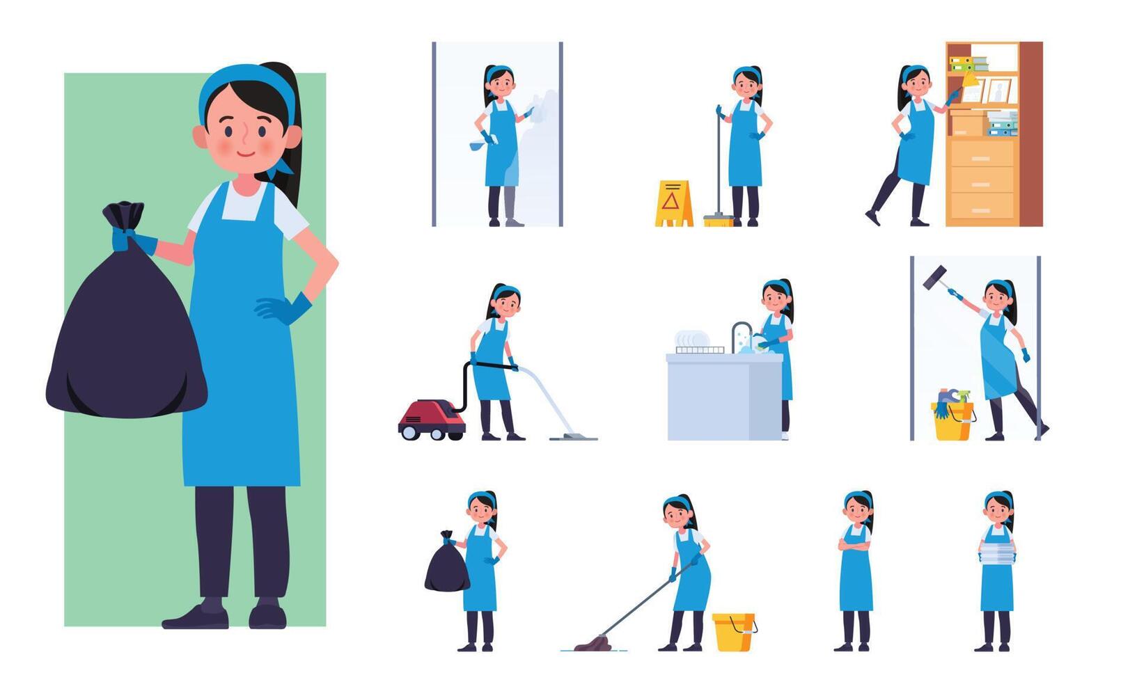 Cleaning staff character set. vector illustration