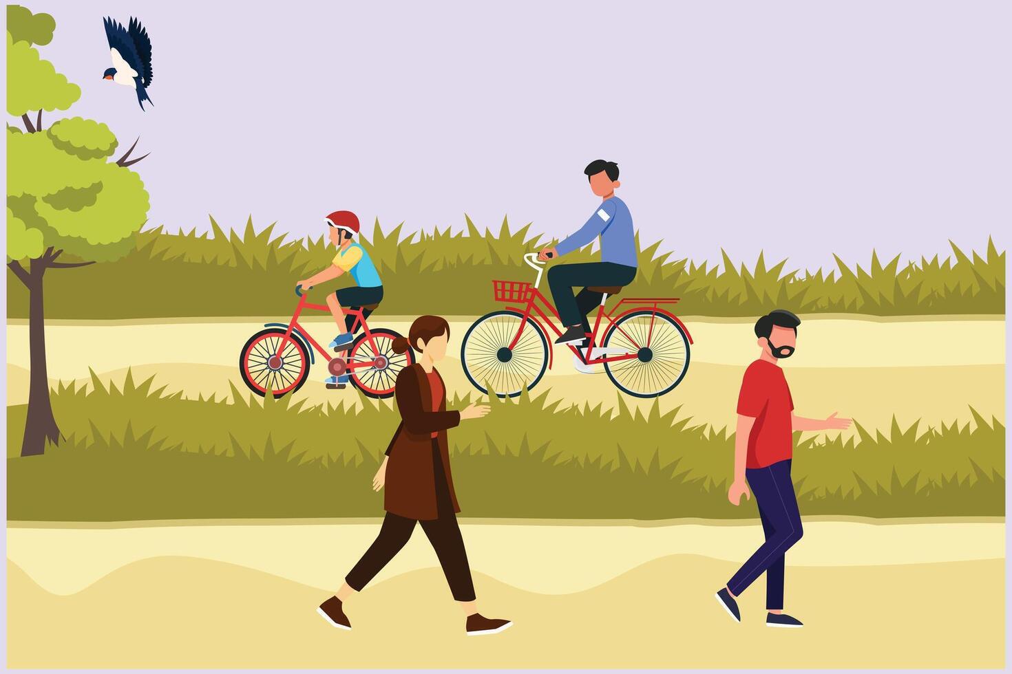 People walking, playing, riding bicycle at city park. Activities outdoors concept Colored flat vector illustration isolated.