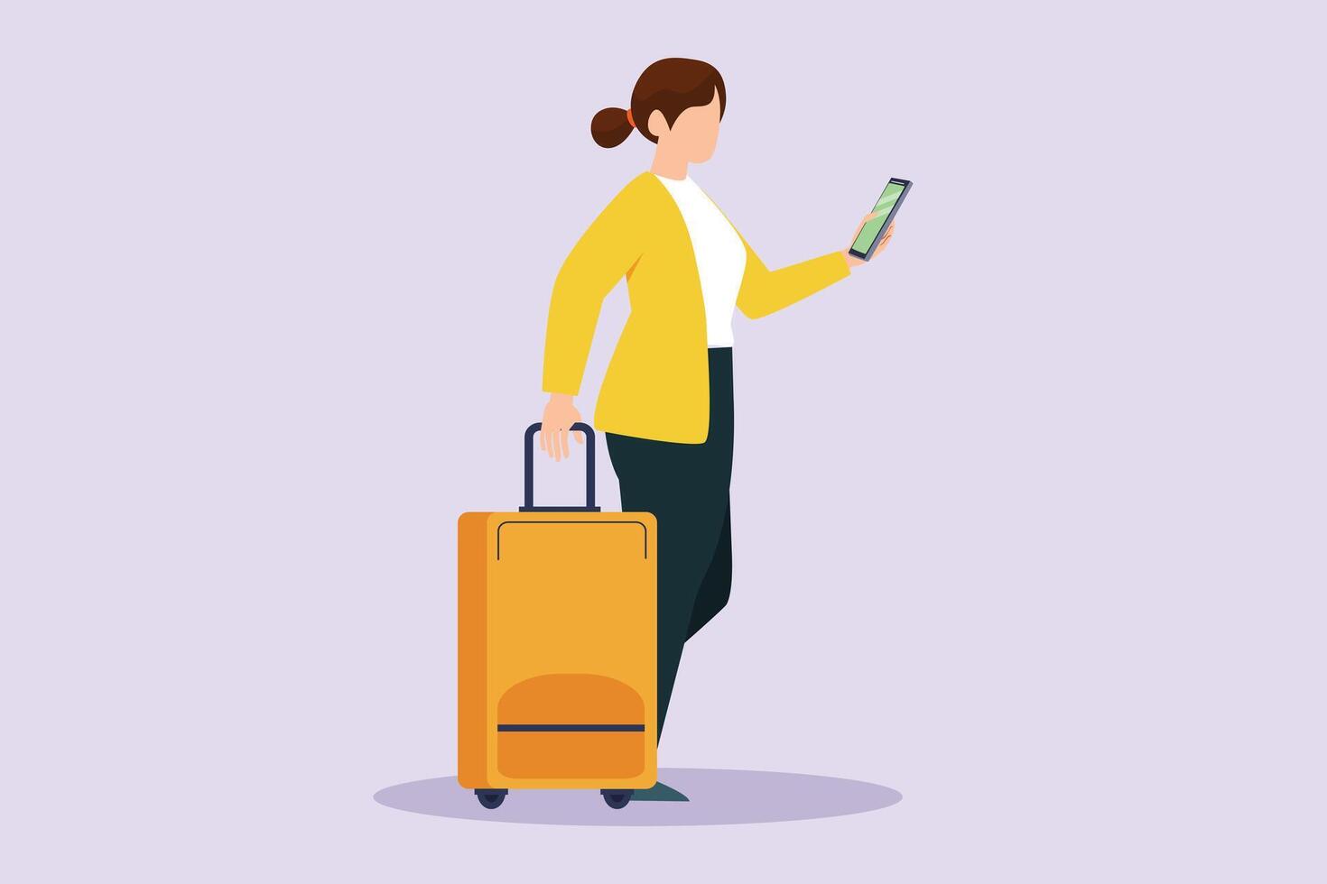 Happy Woman with traveling suitcases. Traveling with bag or suitcase concept. Colored flat vector illustration isolated.