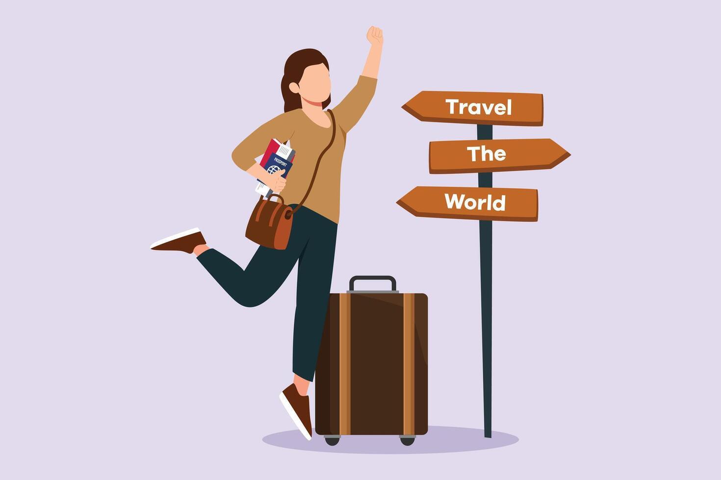 Happy Woman with traveling suitcases. Traveling with bag or suitcase concept. Colored flat vector illustration isolated.