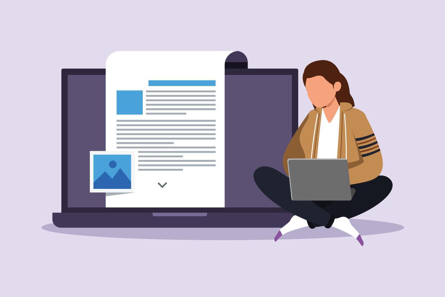 Concept of computer work, text typing, posting. Colored flat vector illustration isolated.