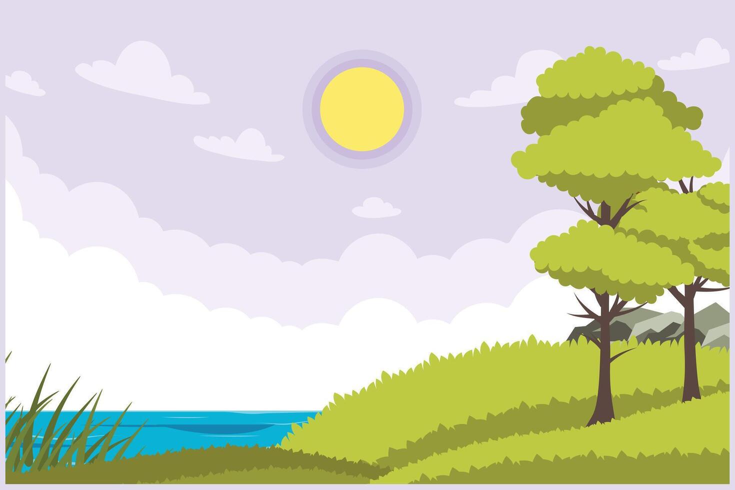 Landscape with green grass, trees, sky horizon and Mountains. Nature concept. Colored flat vector illustration isolated.