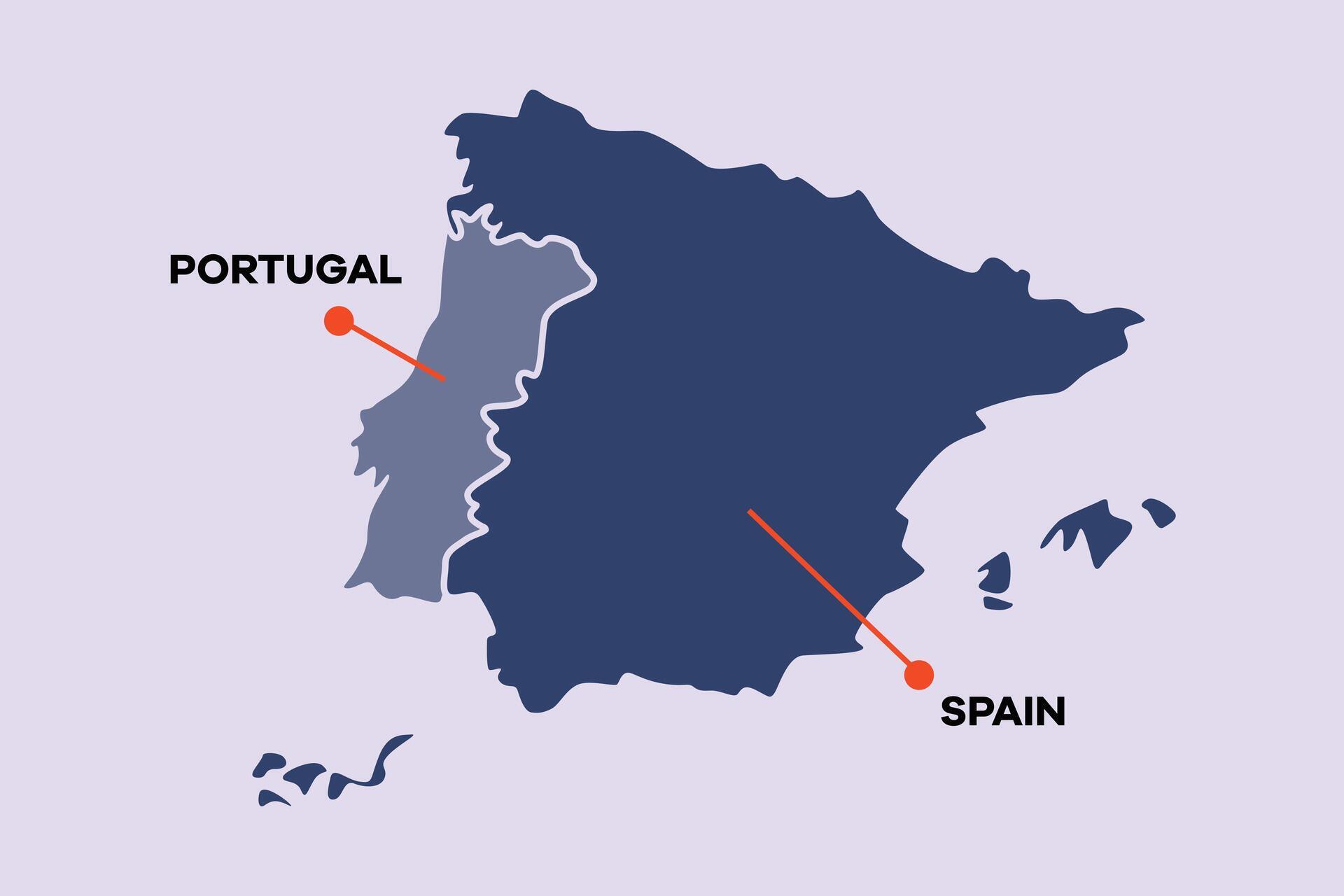 Map of Portugal and Spain. World map concept. Colored flat vector illustration isolated