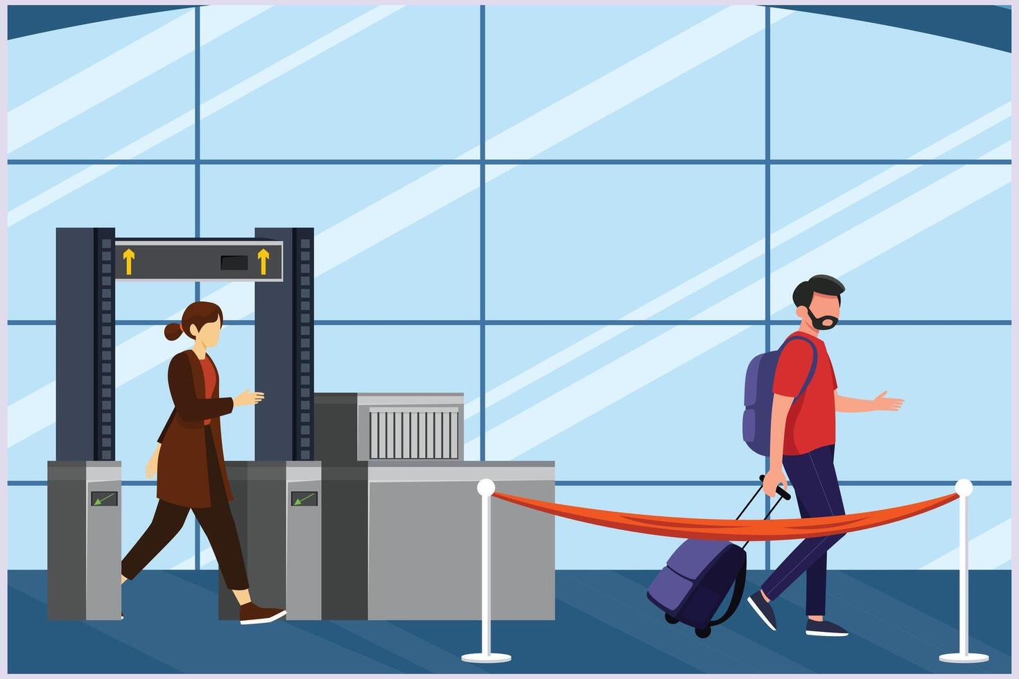 Happy people traveling at airport. Concept of passenger activities at the airport. Colored flat vector illustration isolated.