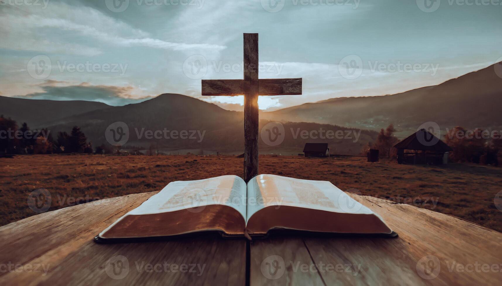 ai generado abierto Biblia libro en un de madera mesa a puesta de sol con cruzar en frente de él. fuerte cristiano fe foto