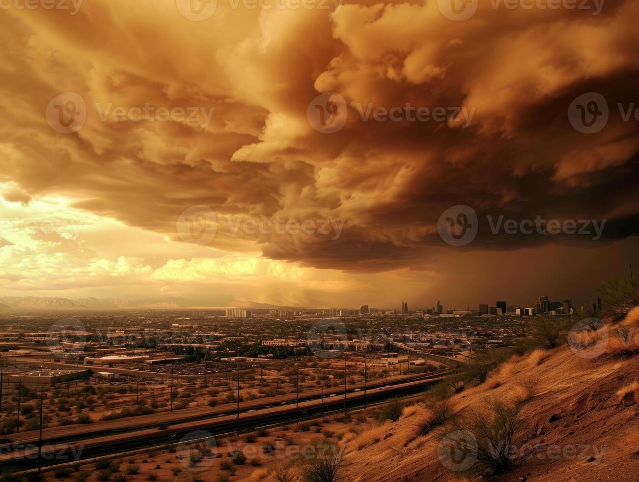 AI generated Desert sand storm bringing dust over the city engulfs it in darkness, eco catastrophe photo