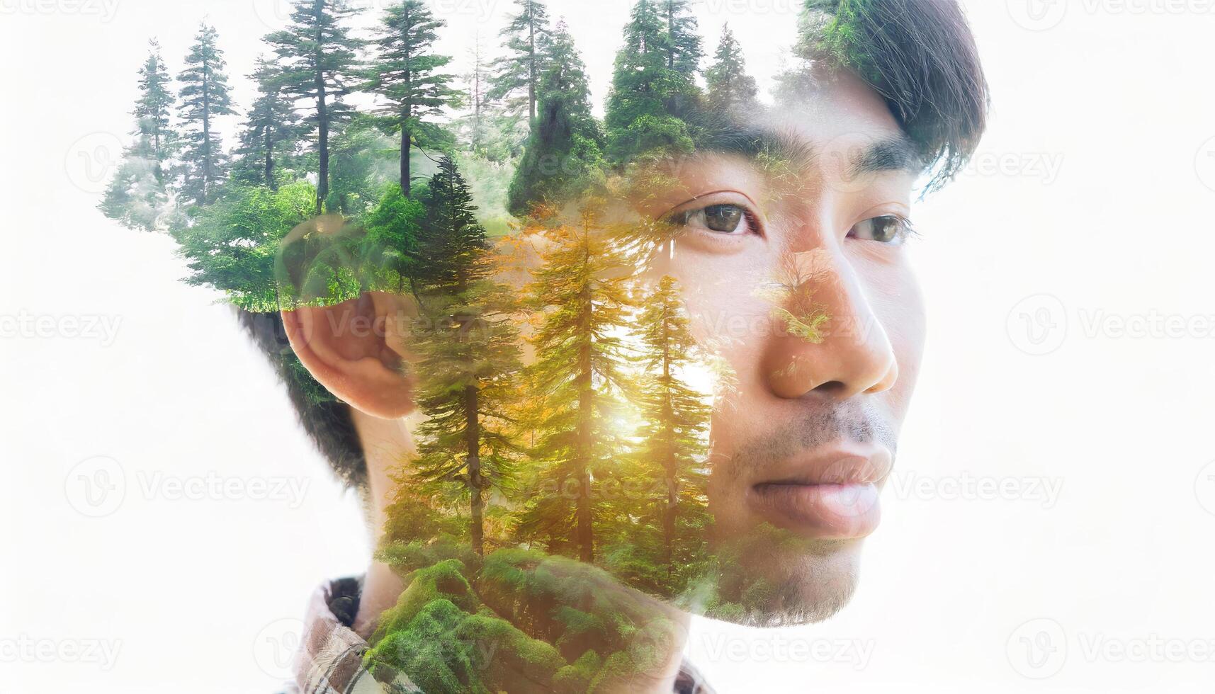 AI generated Double exposure concept of earth converting to sustainable renewable green clean ecology energy photo