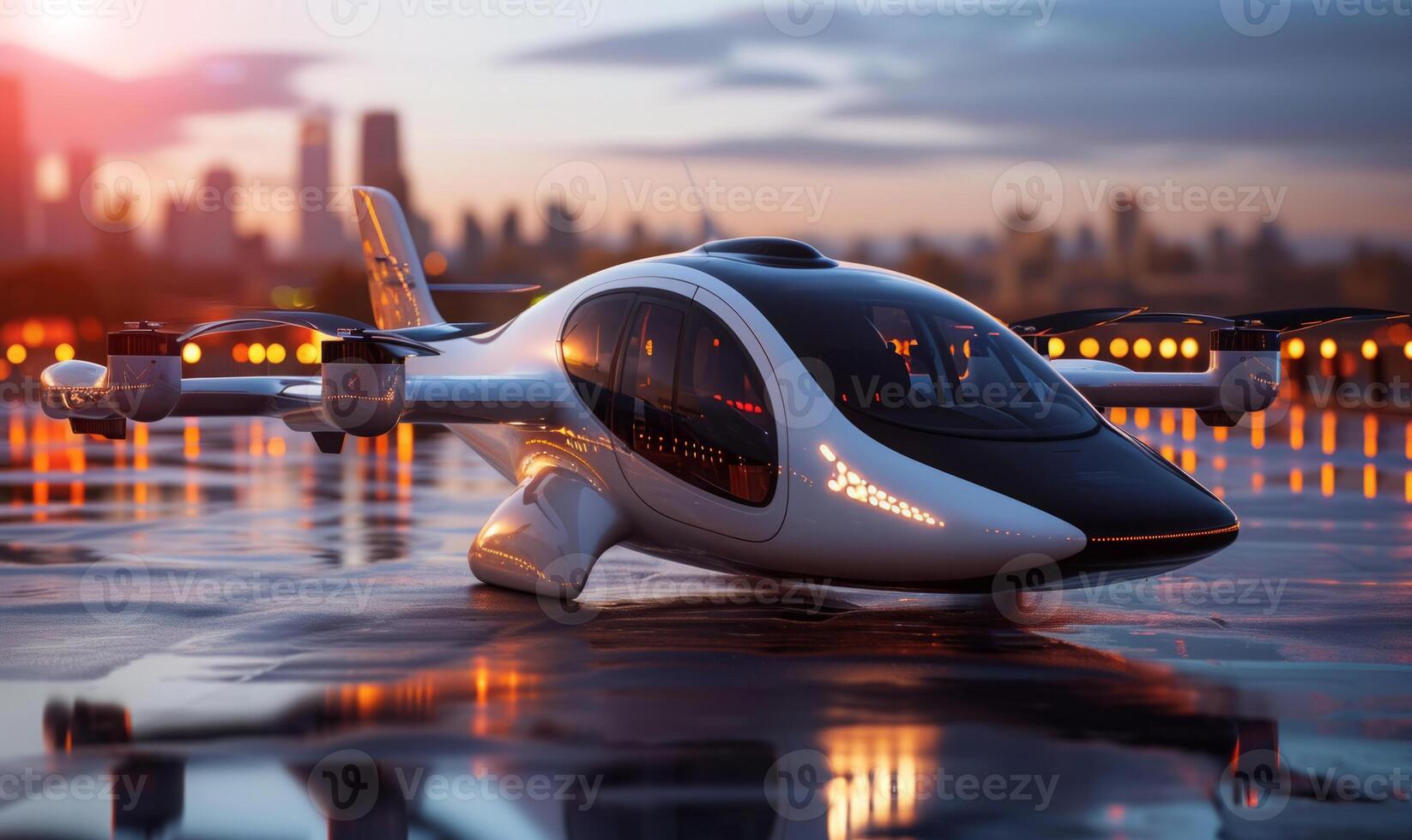 AI generated Flying taxi car, transport of the future, ready to take off from the helipad photo