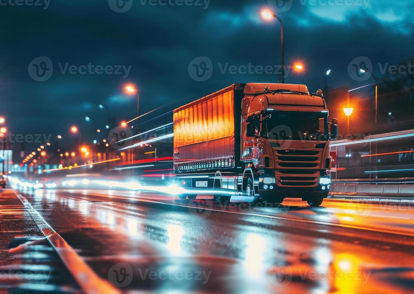 AI generated Long haul container truck carrying commercial cargo delivery between cities on a freeway photo
