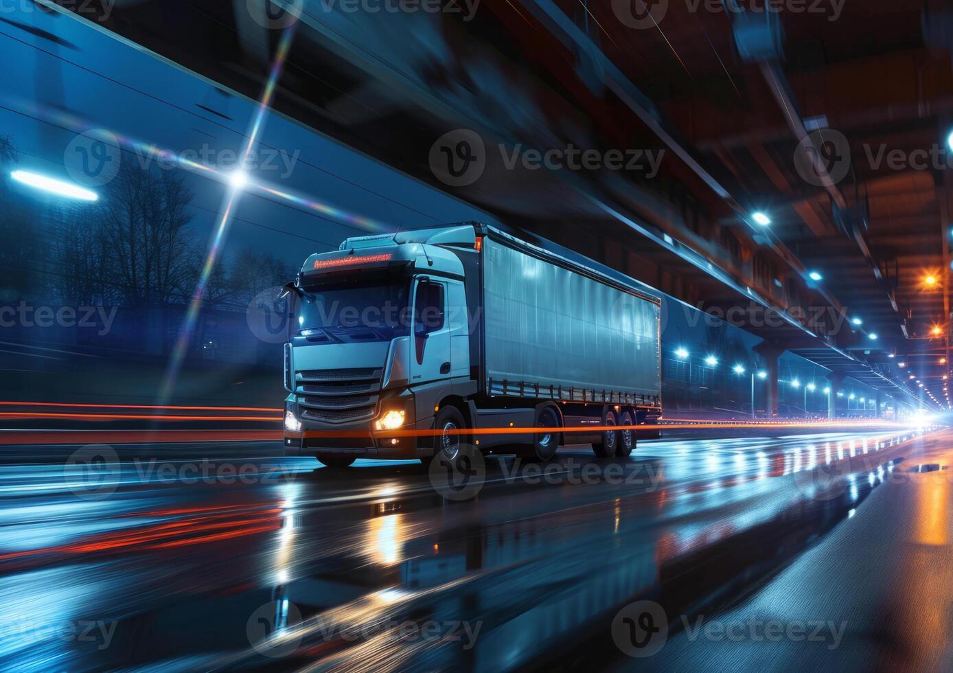 AI generated Long haul container truck carrying commercial cargo delivery between cities on a freeway photo