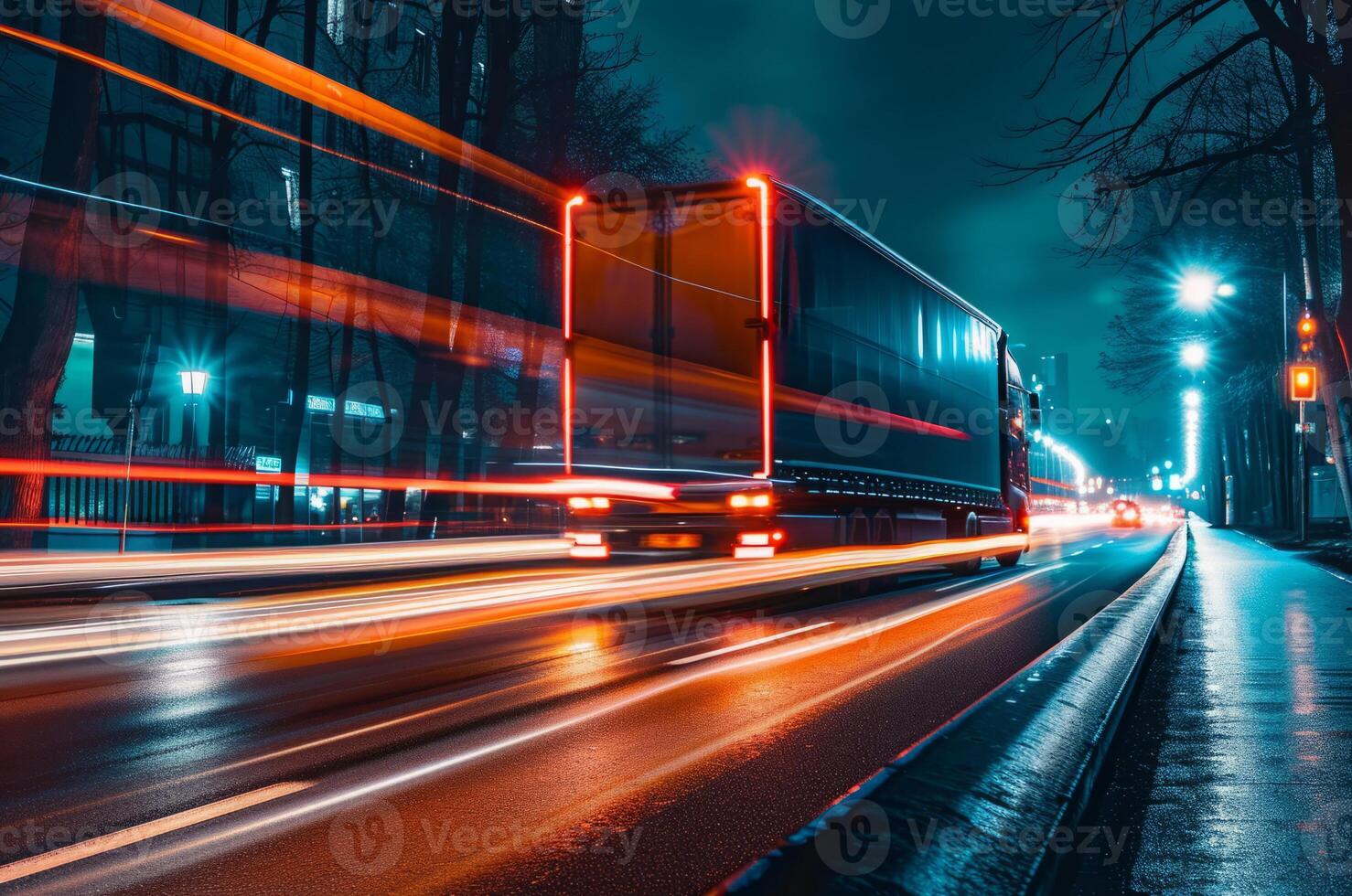 AI generated Long haul container truck carrying commercial cargo delivery between cities on a freeway photo